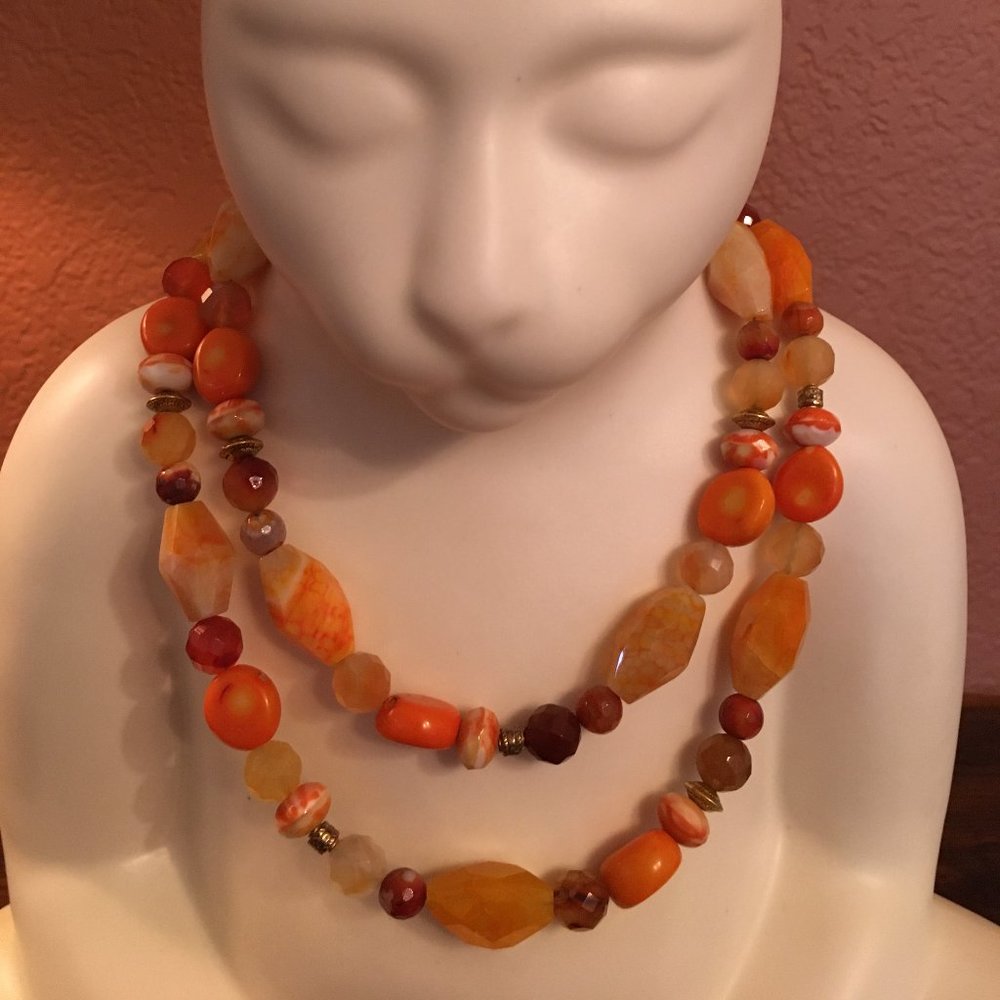 Orange Agate and Coral Multi-Bead Necklace